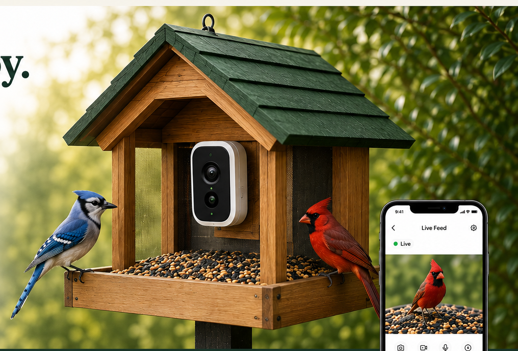 Wood camera-compatible bird feeder